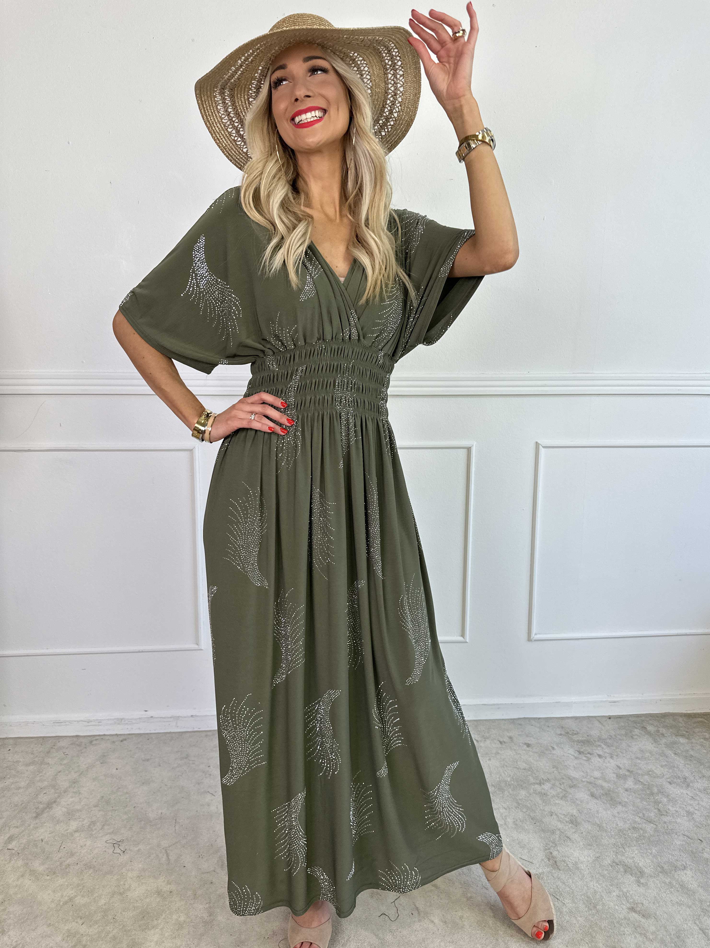 Pams Leaf Crystal - Lang elastisk kjole med mønster af similisten